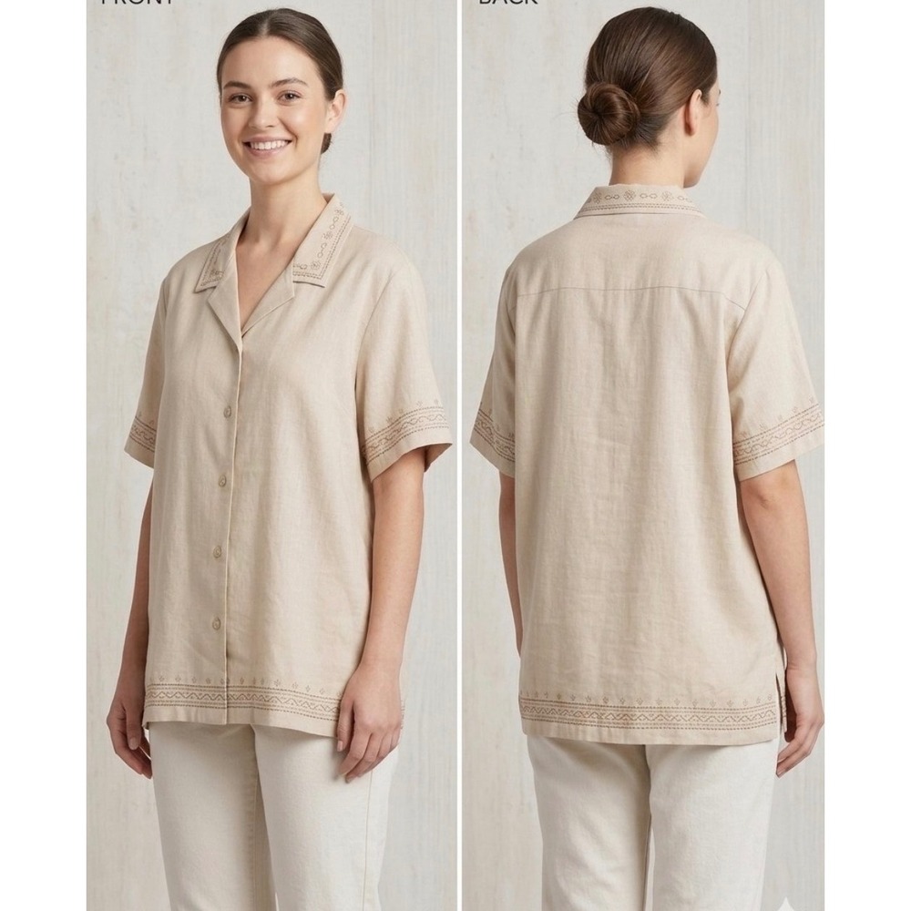 Denim & Co NWOT Linen Blend Embroidered Short Sleeve Button Up Shirt Tan 1X